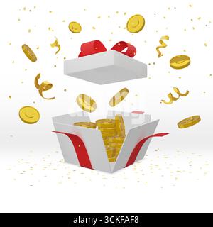 Geschenkbox. Present öffnen. Geldpreis. 3D Gold Cash oder Award Winner Paket. Große realistische Überraschung. Glückwunsch zum Gewinner. Sonderangebot. Glücksbonus. Goldene Konfetti-Explosion. Vektor-Feiertagsobjekt Stock Vektor
