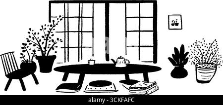 Minimalistisches japanisches Interieur in Schwarz und weiß mit Pflanzen und Tee. Stock Vektor