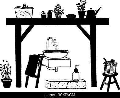 Minimalistische Schwarz-weiß-Illustration von rustikalem Küchenbecken mit Topfpflanzen. Stock Vektor
