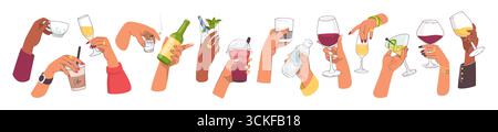 Getränke-Set mit Handgriff. Getränke in Gläsern, Kaffee und Tee zum Mitnehmen, Weinglas und Tasse. Bier und kalter Cocktail, Champagner und Limonade, Partyarme. Vektor-Cartoon flache Art isolierte Illustration Stock Vektor