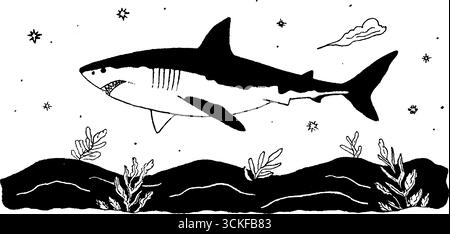 Minimalistische schwarz-weiße Haiabbildung mit ozeanischen Elementen für künstlerisches Design. Stock Vektor