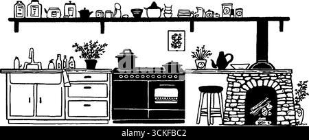 Minimalistische Illustration der rustikalen Küche in Schwarz und weiß. Stock Vektor