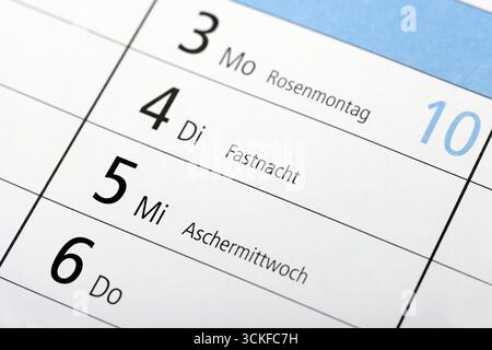 Jahreskalender 2025, 3. März, Rosenmontag, 4. März, Faschingsdienstag, 5. März, Aschermittwoch, Karneval Stockfoto