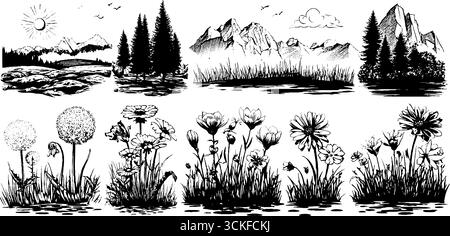 Schwarz-weiße Naturlandschaften und Blumenbilder mit Bergen und Bäumen. Stock Vektor