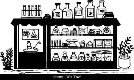 Minimalistische schwarz-weiße Laborabbildung mit Reagenzgläsern und Flaschen für wissenschaftliches Design. Stock Vektor