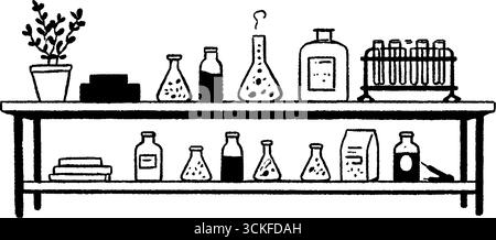 Minimalistische schwarz-weiße Laborillustration mit Apparat und Anlage. Stock Vektor
