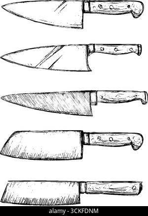 Set handgezeichneter Küchenmesser Illustrationen mit Holzgriffen. Stock Vektor