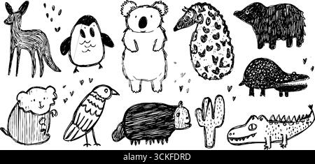 Handgezeichnetes Doodle Set australischer Tiere mit Känguru, Koala und mehr für kreative Projekte. Stock Vektor