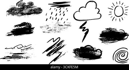 Handgezeichnetes Wolken-Doodle-Set mit Sonnen- und Regenelementen für Design. Stock Vektor