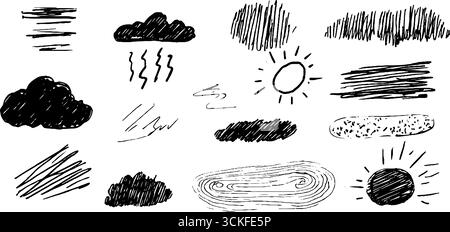 Handgezeichnetes Kritzelset aus Wolken und Wetterelementen für künstlerische Designs. Stock Vektor