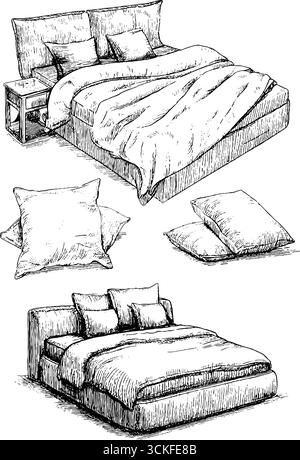 Handgezeichnete Skizze von Betten mit Kissen und Decken in verschiedenen Anordnungen. Stock Vektor