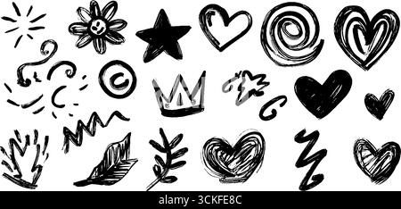 Handgezeichnete dekorative Elemente mit Blumen, Blättern, Herzen und Spiralen. Stock Vektor