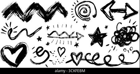 Verspieltes Doodle-Set mit Zickzacklinien, Pfeilen, Herzen und Sternen für kreative Designprojekte. Stock Vektor