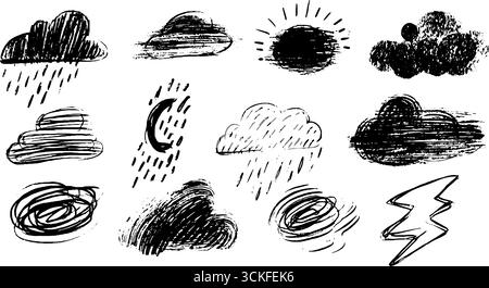 Verspieltes Wolken-Doodle-Set mit Wettersymbolen für kreatives Design. Stock Vektor