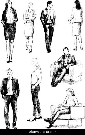 Geschäftsleute skizzieren: Verschiedene Gruppen in formeller Kleidung. Stock Vektor