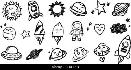 Skurrile Astronomie-Doodle-Kollektion: Planeten, Sterne und Weltelemente für kreative Designs. Stock Vektor