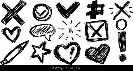 Handgezeichnetes Kritzelset mit Häkchen, Kreuzen und Symbolen für kreatives Design. Stock Vektor