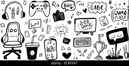 Verspieltes Doodle-Set mit E-Sport-Ikonen mit Gamepad und Maus für Gaming-Design. Stock Vektor