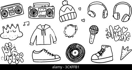 Urban Vibes Doodle Set: Hip Hop Icons Kollektion mit Cap, Boom Box und mehr für kreative Designs. Stock Vektor