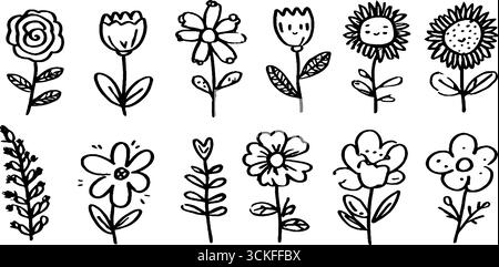 Handgezeichnete Doodle-Kollektion von Blumen: Rosen, Tulpen und einzigartige Blumendesigns für kreative Projekte. Stock Vektor