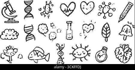 Skurriles Biologie-Doodle-Set mit dna-, Mikroskop- und Wissenschaftssymbolen für pädagogisches Design. Stock Vektor