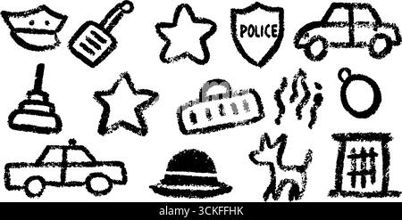 Handgezeichnetes Polizeisymbol mit Abzeichen, Auto und Handschellen für Design. Stock Vektor