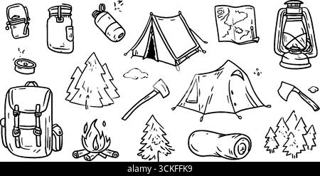 Doodle-Set mit Camping-Abenteuer mit Zelt, Rucksack, Laterne und mehr für Outdoor-Enthusiasten. Stock Vektor