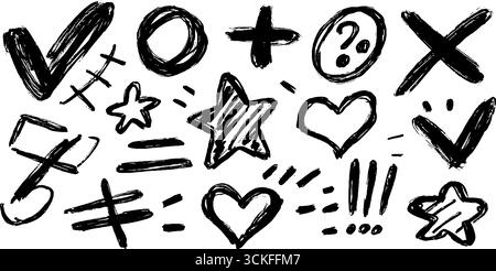 Handgezeichnetes Doodle-Set mit Häkchen, Sternen, Herzen und Symbolen für kreatives Design. Stock Vektor