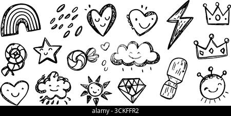 Skurrile Doodle Sticker Set mit Regenbogen, Sternen und Herzen für Kunsthandwerk und Dekoration. Stock Vektor