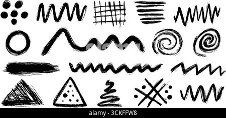 Abstraktes Doodle-Set mit geometrischen Mustern, Punkten und Streifen für kreatives Design. Stock Vektor