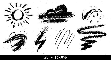Handgezeichnete Wetterelemente im Doodle-Set mit Sonnenwolken- und Regendesign. Stock Vektor