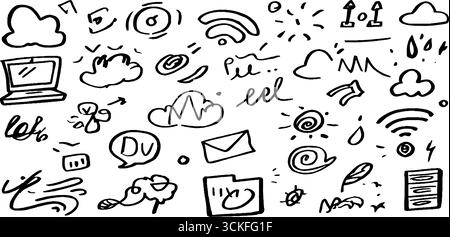 Handgezeichnetes Internet-Doodle-Set mit Cloud- und wlan-Symbolen. Stock Vektor