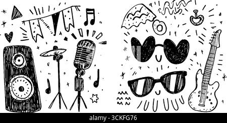 Elemente des Musikfestivals mit Bühnen, Lautsprechern, Mikrofonen und Instrumenten. Stock Vektor