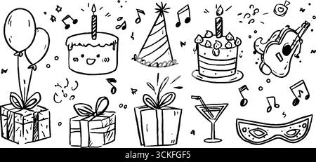 Festliches handgezeichnetes Doodle-Set mit Partyballons, Kuchen und Konfetti für die Feier. Stock Vektor