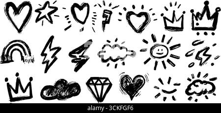 Verspieltes Doodle-Sticker-Set mit Herzen, Sternen und Regenbögen für kreative Designs. Stock Vektor