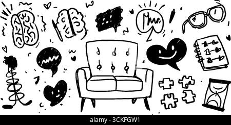 Kreative Kritzeleien mit psychologischen Symbolen, einschließlich Gehirn- und Sprachthemen. Stock Vektor