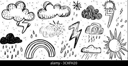 Handgezeichnete Wettersymbole kritzeln mit Wolken, Regen und Blitzelementen für Design. Stock Vektor