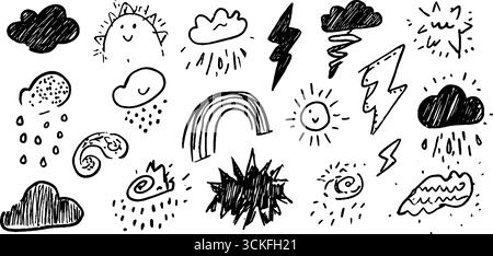 Handgezeichneter Satz von Wettersymbolen mit Wolken, Stürmen und Regenelementen als Design. Stock Vektor