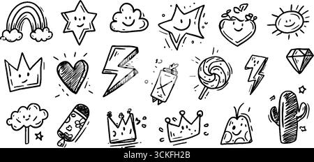 Verspieltes Doodle-Sticker-Set mit handgezeichneten Regenbogen-, Stern- und Herzelementen für kreatives Design. Stock Vektor