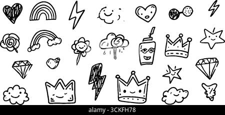 Skurrile Doodle-Set mit Regenbogen-, Stern- und Herzaufklebern für kreative Designs. Stock Vektor