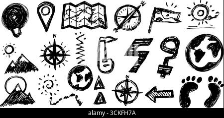 Kritzeln Sie eine Reihe von Navigations- und Kartensymbolen mit Kompass und Pins für das Reisedesign. Stock Vektor