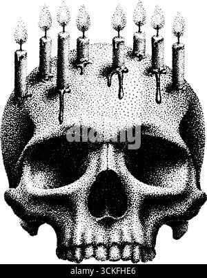 Schädel mit schmelzenden Kerzen im Stile Dotwork-Stil - Gothic Art für Tattoo-Design. Stock Vektor