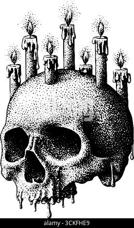 Kunst mit Totenkopf und geschmolzenen Kerzen: Inspiration im gotischen Tattoo-Design. Stock Vektor