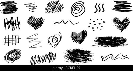 Handgezeichnetes Set aus nahtlosen Elementen mit Herzen, Punkten und Streifen für kreatives Design. Stock Vektor