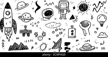 Raumfahrt-Kritzelset mit Raketen, Astronauten und Planeten für kreatives Design. Stock Vektor