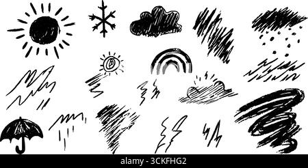 Handgezeichnetes Kritzelset mit Wettersymbolen: Sonne, Wolken, Regen und mehr für kreatives Design. Stock Vektor