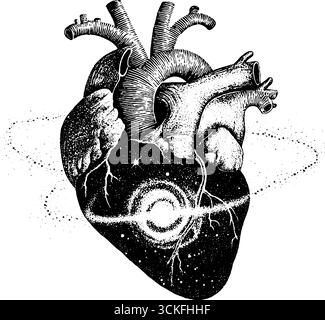 Detailliertes anatomisches Herz mit Stippling- und Dotwork-Technik, kosmisches Design und Tattoos. Stock Vektor