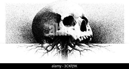 Stipple-Dotwork-Schädel mit Wurzelillustration für Tattoo-Design und Poster. Stock Vektor