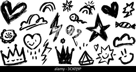 Verspieltes Doodle-Sticker-Set mit Herzen, Sternen und Regenbögen für kreatives Basteln. Stock Vektor