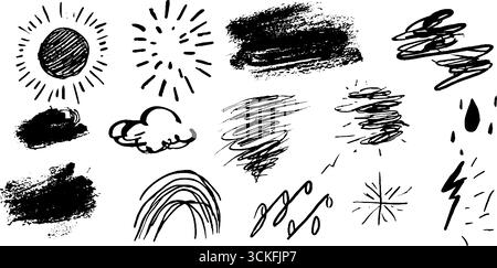 Verspieltes Doodle-Set aus Wetterelementen: Sonne, Wolke und Regen für kreatives Design. Stock Vektor